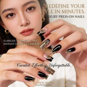 black and gold glitter press-on nails, elegant false nails set